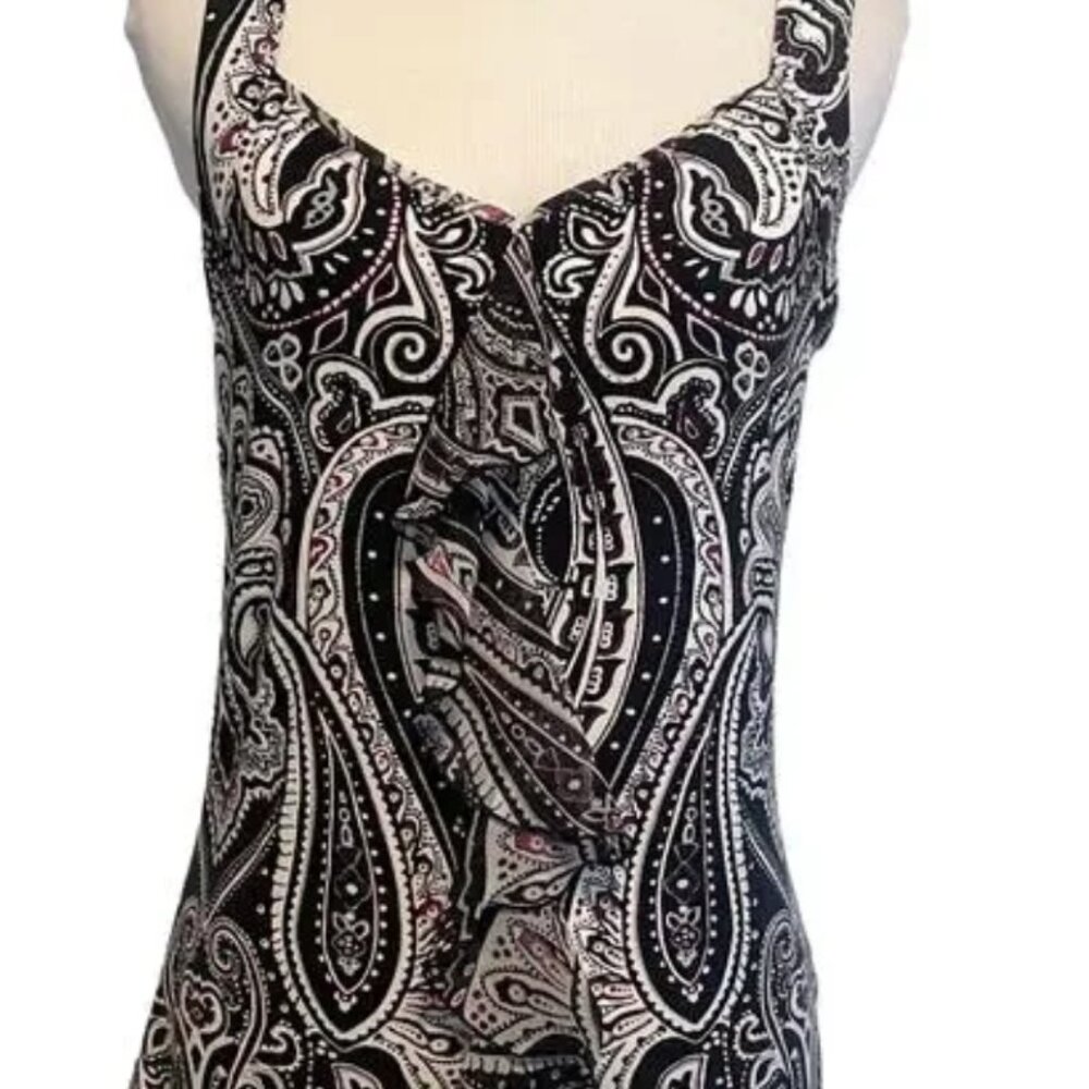 WHBM Paisley Ruffle Tank Womens Black Purple & White Sleeveless Top- Medium